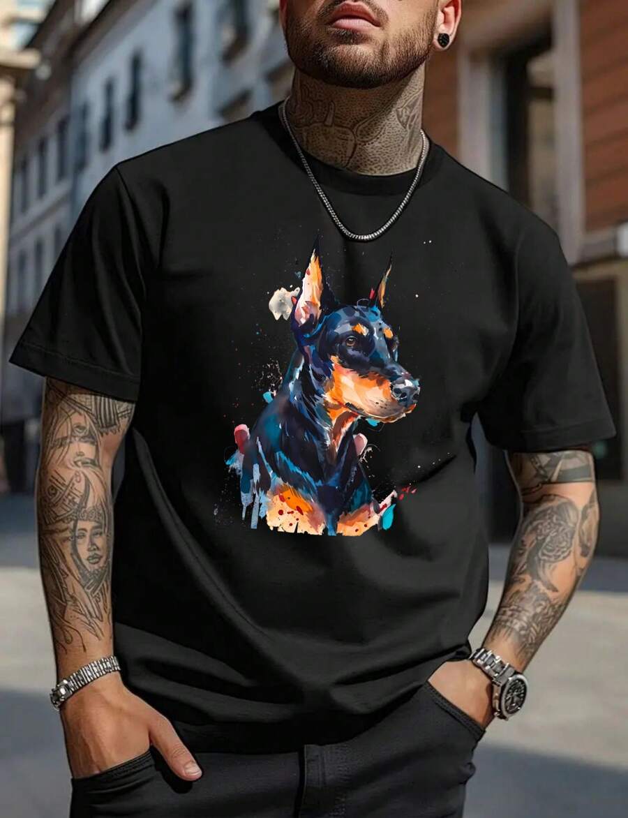 Men's Cartoon Doberman Pinscher Drop Shoulder Loose T-Shirt - Black - View 1