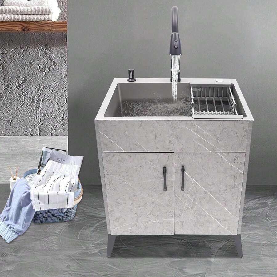 Utility Laundry Sink With And PullOut Sprayer Faucet, Stainless Steel Utility Sink