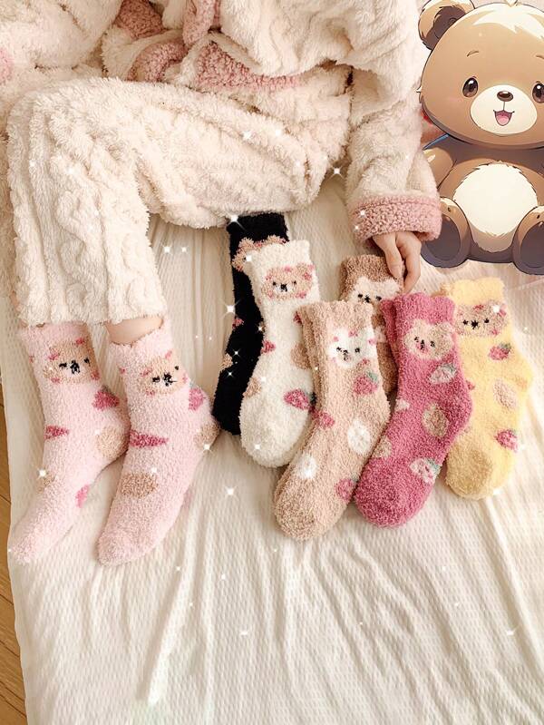 3 Pairs Women's Random Color Soft Fleece Socks For Autumn & Winter, Cute Cartoon Design, Good For Daily Wear