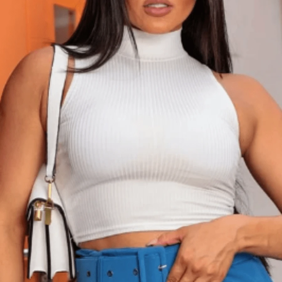 New Ribbed High Neck Crop Top - 紅色 - 查看 1