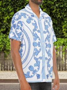 Men's Woven Fashionable Casual Paisley Printed Loose Short Sleeve Shirt For Daily Use - 白色 - 查看 2