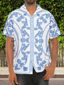 Men's Woven Fashionable Casual Paisley Printed Loose Short Sleeve Shirt For Daily Use - 白色 - 查看 1