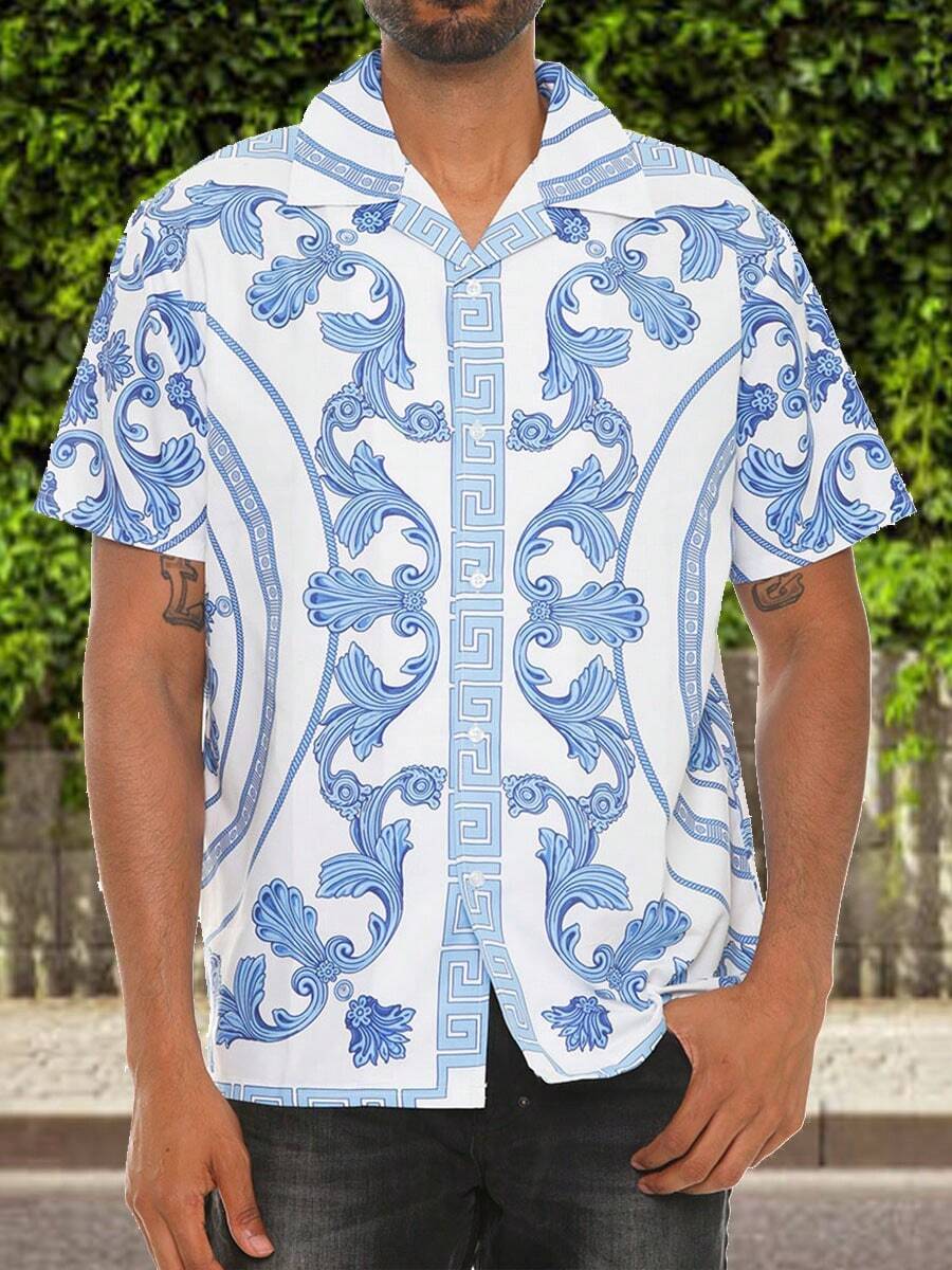 Men's Woven Fashionable Casual Paisley Printed Loose Short Sleeve Shirt For Daily Use - 白色 - 查看 1