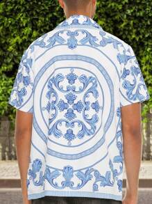 Men's Woven Fashionable Casual Paisley Printed Loose Short Sleeve Shirt For Daily Use - 白色 - 查看 3