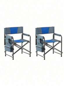 1-Piece Padded Folding Outdoor Chair With Side Table And Storage Pockets,Lightweight Oversized Directors Chair For Indoor, Outdoor Camping, Picnics And Fishing,Black/Grey - 藍色+灰色+鋼-6 - 查看 4