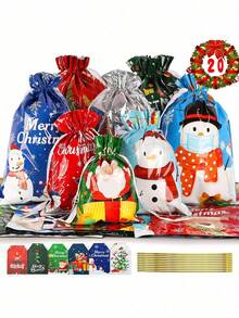 20 piezas Bolsas Navideñas, Bolsas Navideñas grandes, medianas y pequeñas con etiquetas, 10 diseños y 4 tamaños, bolsas de regalo reutilizables con cordón para fiestas navideñas, decoración, envoltorios de regalo de Navidad, cajas de regalo pequeñas, papel de regalo navideño rosa