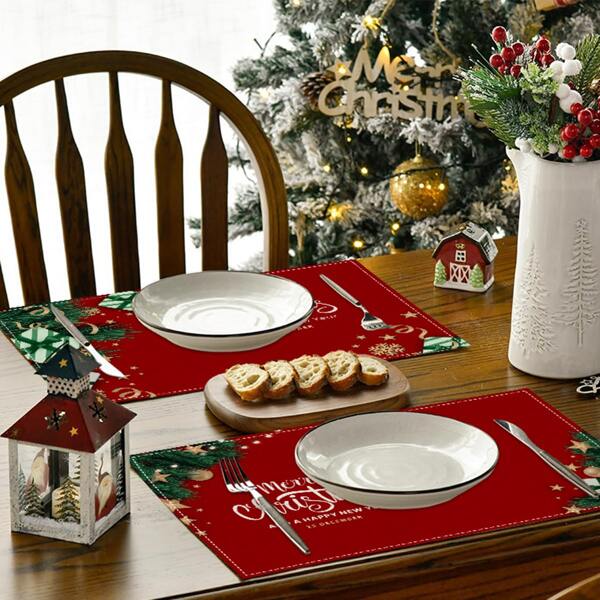 2pcs Set Christmas Linen Placemats, Letter Print Table Mat, Suitable For Coaster, Placemat, Table Decorations