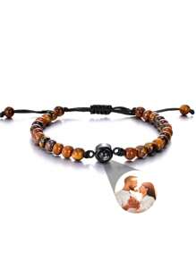 Customized Stone Projection Bracelet, 6mm Tiger Eye Stone Adjustable Couple Bracelet, Personalized Family Photo Jewelry Gift For Men Women, Anniversary Gift - Round Bracelet - View 19