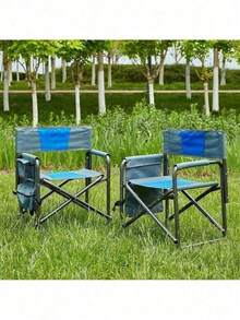 1-Piece Padded Folding Outdoor Chair With Side Table And Storage Pockets,Lightweight Oversized Directors Chair For Indoor, Outdoor Camping, Picnics And Fishing,Black/Grey - 藍色+灰色+鋼-6 - 查看 2