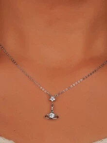 1 件 925 纯银镀白金五角星方晶锆石项链吊坠 - 优雅简约的土星轨道设计，适合女性日常、度假和派对佩戴 - 銀色 - 查看 4