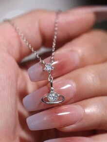 1 件 925 纯银镀白金五角星方晶锆石项链吊坠 - 优雅简约的土星轨道设计，适合女性日常、度假和派对佩戴 - 銀色 - 查看 1