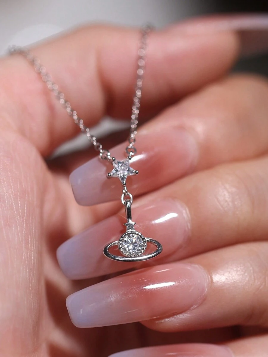 1 件 925 纯银镀白金五角星方晶锆石项链吊坠 - 优雅简约的土星轨道设计，适合女性日常、度假和派对佩戴 - 銀色 - 查看 1