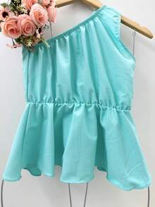 Blouse Style Crop Top With Asymmetrical Flower Detail - 薄荷藍 - 查看 3