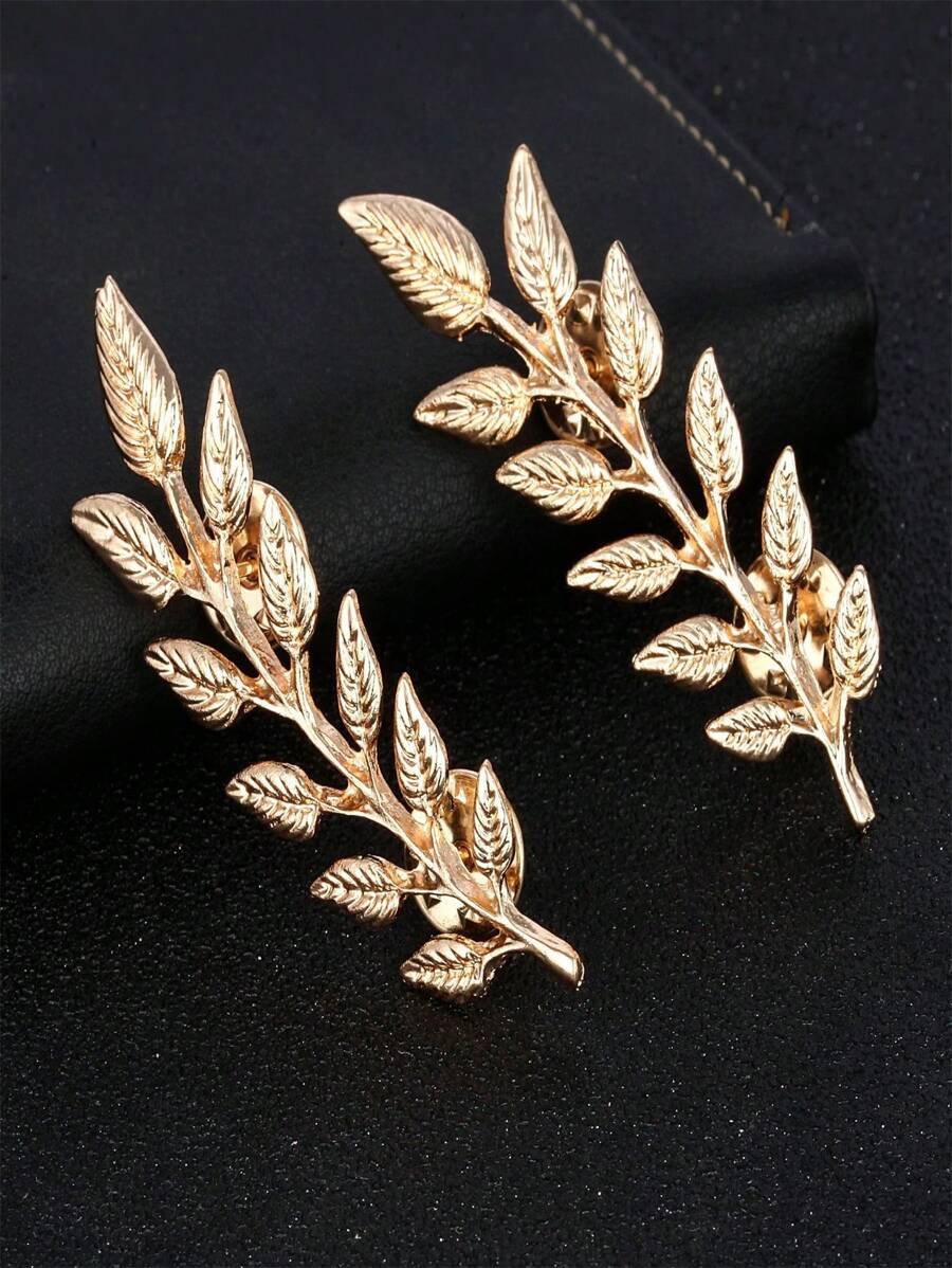 1 Pair Silver Leaf Pattern Decorative Brooch Shirt Collar Pins, Suitable For Oktoberfest, School Wear Or As Fashion Accessory And Gift - Gold - View 1