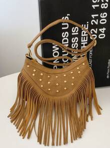 Tropiscape 流苏铆钉复古西部风人造革包，波西米亚风斜挎包，女士独特复古邮差包，旅行必备，适合牛仔竞技、海滩、秋季、圣诞节、冬季等场合，也是圣诞礼物的理想之选。 - 棕色 - 查看 9