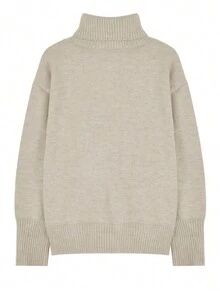 High-Neck Dropped Shoulder Solid Color Casual Sweater, Autumn/Winter - Apricot - View 6