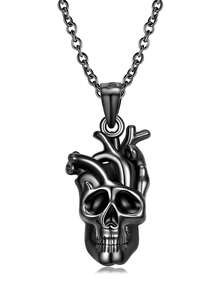 Mặt dây chuyền đầu lâu nhánh trái tim bạc nguyên chất S925 FOREVER QUEEN Dây chuyền cổ áo len Punk Dây chuyền trang sức Quà tặng Halloween - màu đen - Xem 1