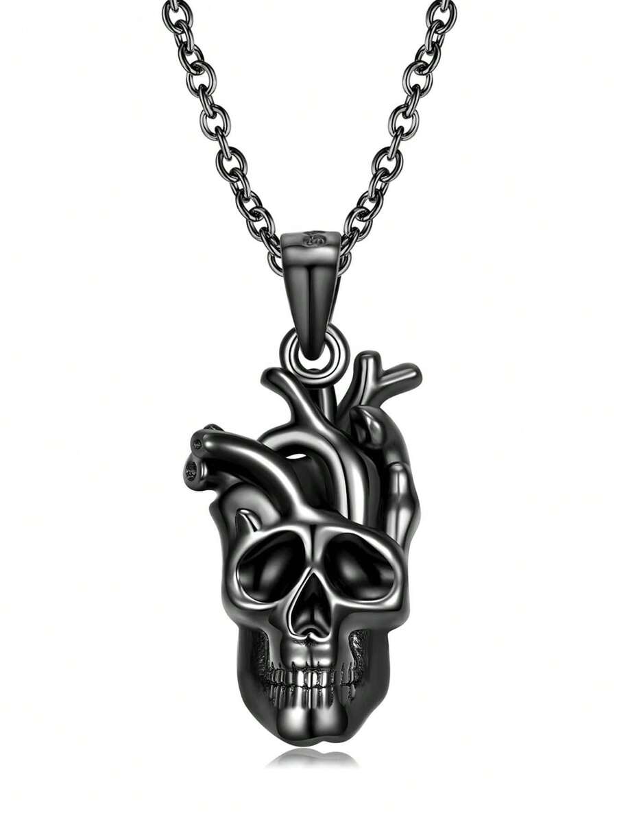 Mặt dây chuyền đầu lâu nhánh trái tim bạc nguyên chất S925 FOREVER QUEEN Dây chuyền cổ áo len Punk Dây chuyền trang sức Quà tặng Halloween - màu đen - Xem 1