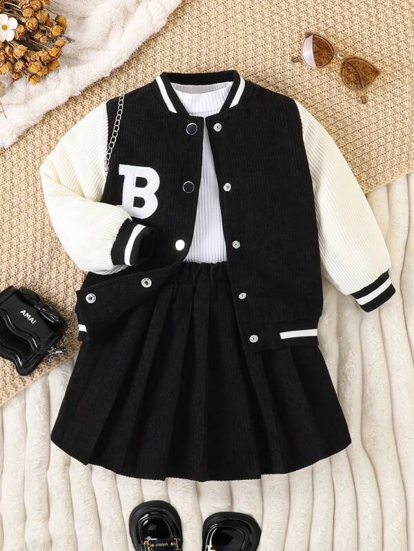 2pcs/Set Young Girl American Style Baseball Jacket Top & Corduroy Skirt, Autumn & Winter