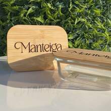 Manteigueira Vidro com Tampa Hermética de Bambu Exclusiva Resistente