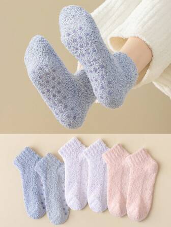 3 Pairs Women's Multi-Color Winter Thermal Lined Anti-Slip Socks, Suitable For Daily Use
