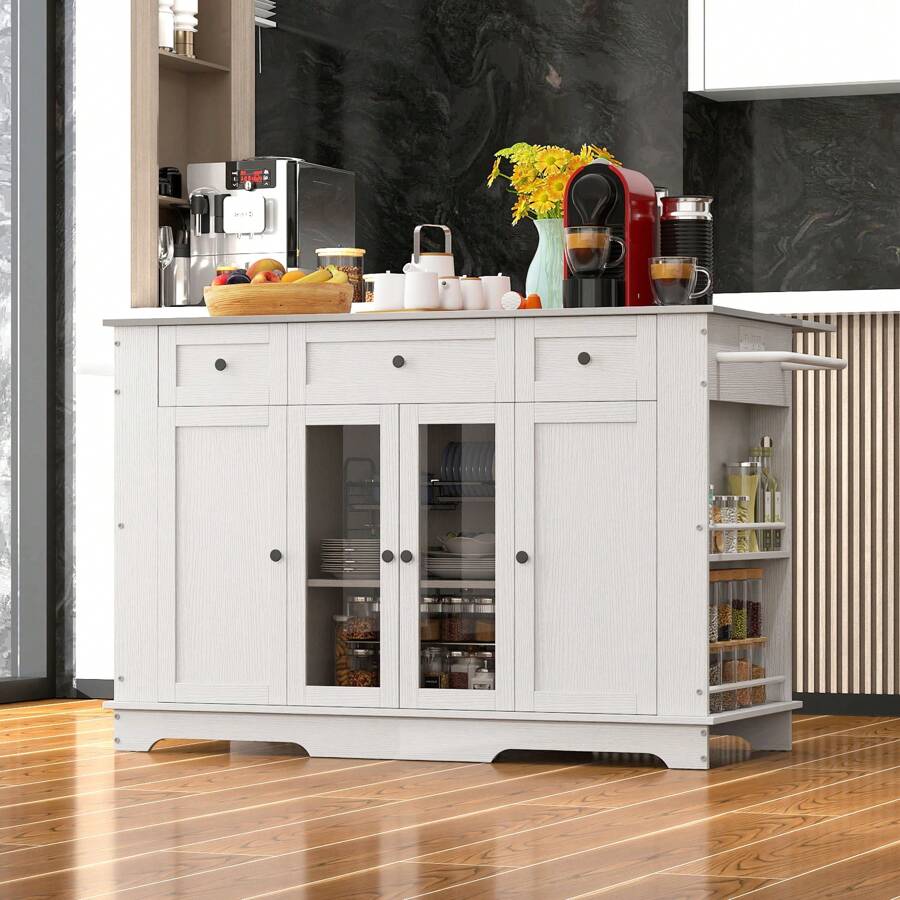 60 Inch Kitchen Island With Stainless Steel Top And Power Outlet ,Ample Storage Space For Utensils And Cookware ,For Serving Tables Cooking Station Countertops - White - View 1