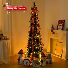 Árbol de Navidad artificial premium de 6 pies, árbol de Navidad emergente, árbol de Navidad artificial con 150 luces cálidas, adornos rojos y dorados para decoración navideña en interiores y exteriores - Verde - Ver 8