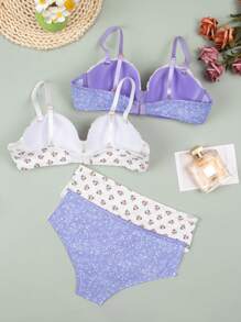 MLeyhoice 2 件套女士数码印花拼色钢圈棉质罩杯内衣文胸和内裤套装（含内裤），可爱 - 彩色 - 查看 6