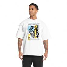 Men's Oversized Streetwear Cotton T-Shirt With Printed Round Neck - 白色 - 查看 1