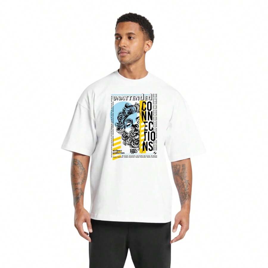 Men's Oversized Streetwear Cotton T-Shirt With Printed Round Neck - 白色 - 查看 1