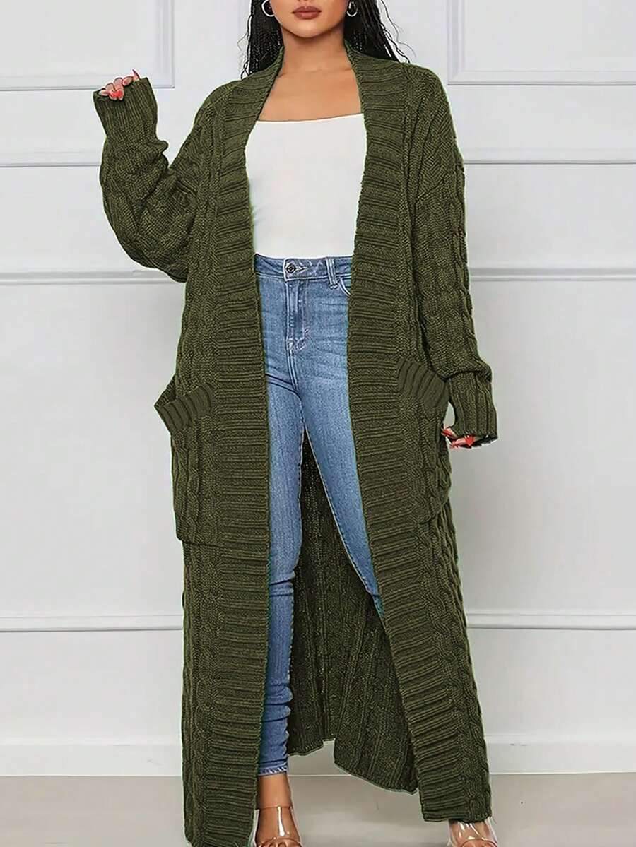 Cárdigan de manga larga con cuello en V de punto de cable para mujer de talla grande, unicolor, para otoño/invierno - Verde militar - Ver 1