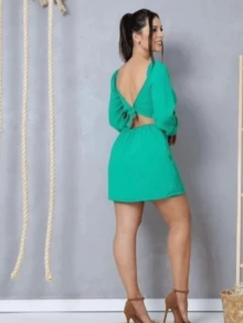 Women's Long Sleeve Duna Fabric Jumpsuit One Size Fits 38 To 40 - Green - View 4