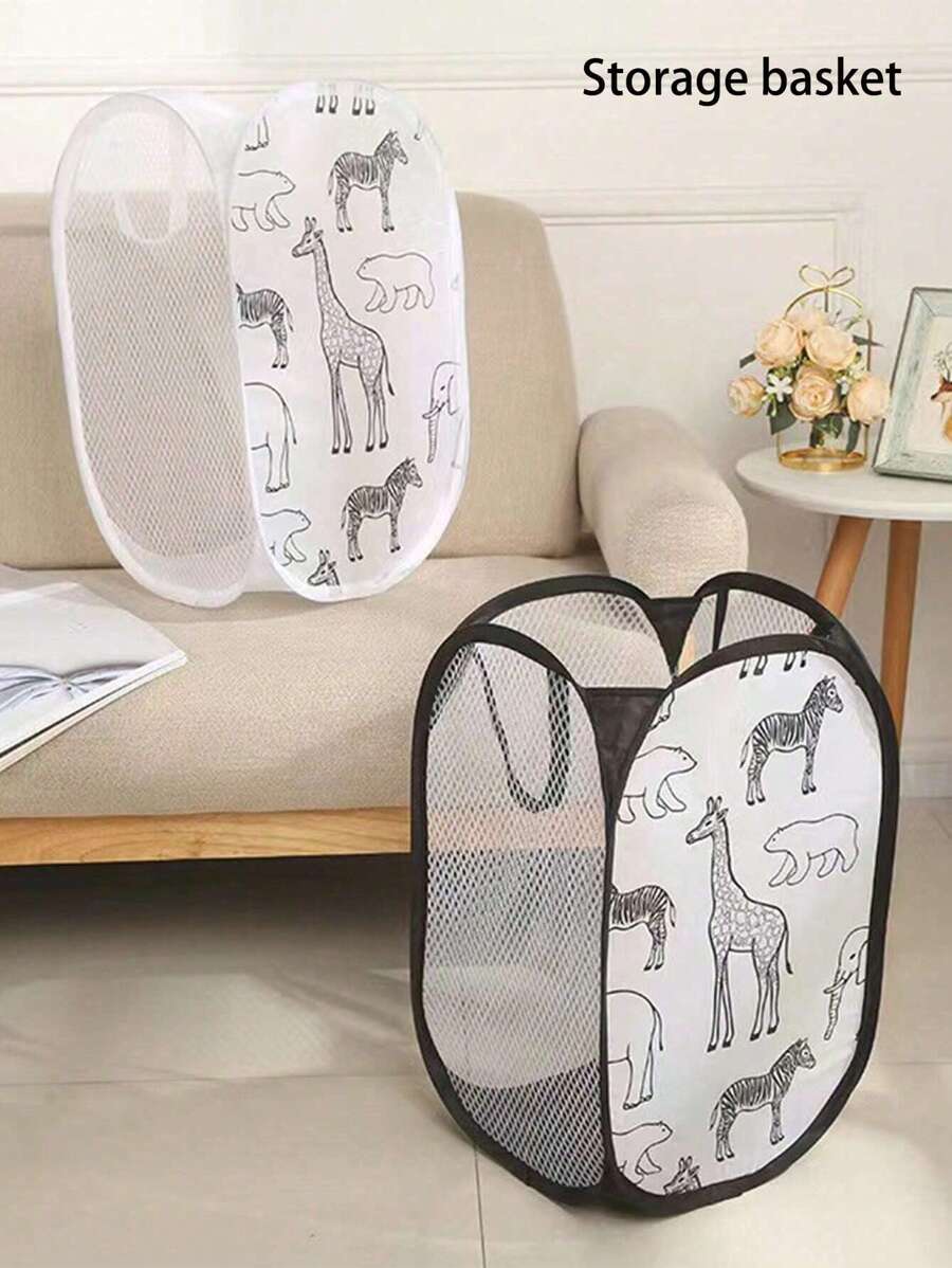 1 件卡通可折叠网状洗衣篮，三面网状脏衣服收纳篮，适用于婴儿房、宿舍、浴室 - 彩色 - 查看 1