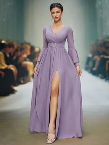 Mgiacy High-End Graduation Dress With A V-Neck Pearl Chiffon Long Flared Sleeves, A Belt With Diamond Buttons And A Front Lower Slit,Bridesmaid Dress - Dusty Purple - View 6