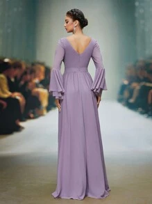 Mgiacy High-End Graduation Dress With A V-Neck Pearl Chiffon Long Flared Sleeves, A Belt With Diamond Buttons And A Front Lower Slit,Bridesmaid Dress - Dusty Purple - View 2