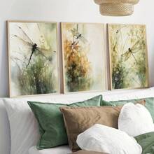 3 件无框现代艺术帆布海报，“抽象蜻蜓水彩植物”绘画，装饰印刷帆布墙艺术，创意艺术品壁画，可作为礼物、卧室、办公室、客厅、宿舍、墙壁装饰、家居装饰 - 彩色 - 查看 1