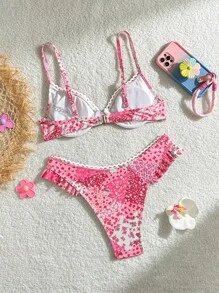 Bikinx Bikini a blocchi di colore con balze, con ferretto, motivo floreale ditsy, per donna, adatto per vacanze estive in spiaggia