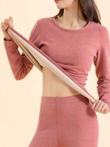 1pc Women Warm Wool & Silk Blended Thermal Underwear Top, Thick Fitted Design For Winter