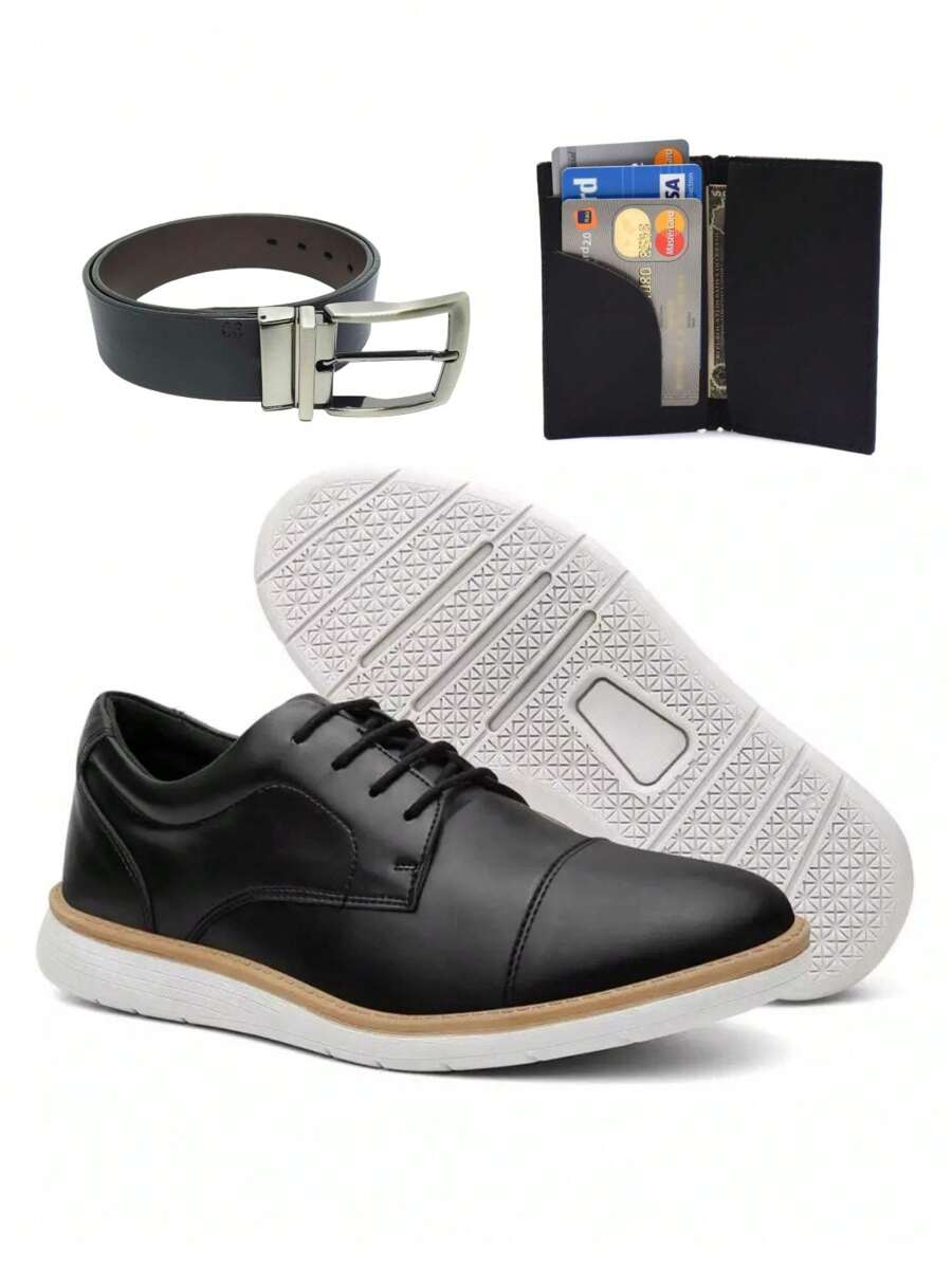 Men's Oxford Casual English Shoes In Soft Leather Modern Model New Release + Belt And Wallet - 黑色 - 查看 1