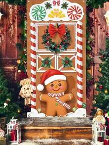1 件姜饼人门装饰背景布，圣诞派对室内/室外氛围装饰品，圣诞节 - 彩色 - 查看 4