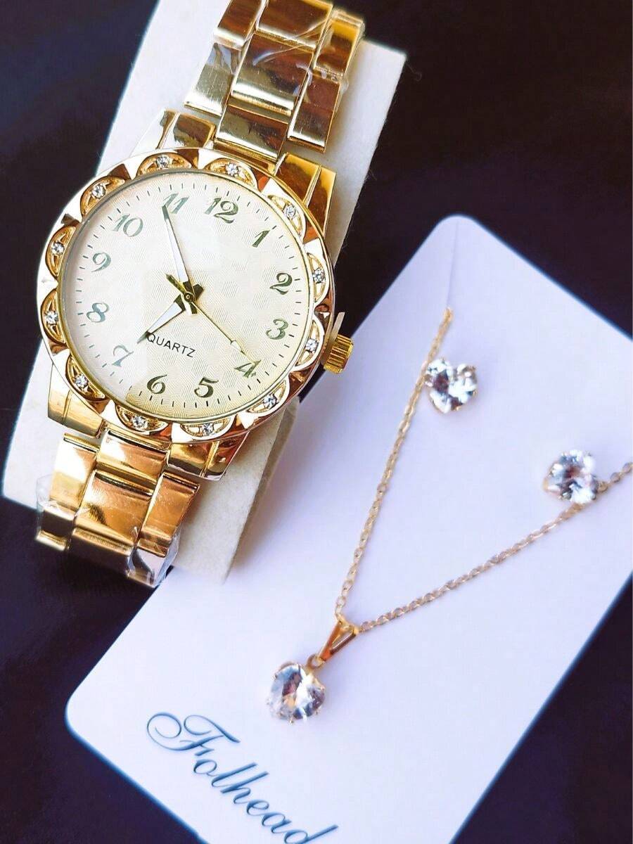 Relógio Feminino Dourado Rose Prata Com Colar Brinco Folheado 18K