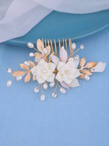 1pc Elegant Floral Side Hair Comb, Shiny Flower Print Elegant Bohemian Copper Alloy Bridal Headpiece, All Season, Hair Accessories - Vàng - Xem 6