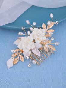 1pc Elegant Floral Side Hair Comb, Shiny Flower Print Elegant Bohemian Copper Alloy Bridal Headpiece, All Season, Hair Accessories - Vàng - Xem 4
