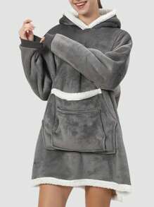 Wearable Hooded Blanket, Extra Large Sherpa Hoodie, Warm Fluffy Blanket For Autumn/Winter, Hooded With Pockets, Soft & Comfortable For Men & Women, Ideal Christmas Gift, Homewear, Flannel Hoodie With Dual Pockets, Warm Sleepwear For Home & Office - Grey - View 6