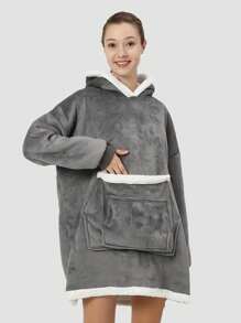 Wearable Hooded Blanket, Extra Large Sherpa Hoodie, Warm Fluffy Blanket For Autumn/Winter, Hooded With Pockets, Soft & Comfortable For Men & Women, Ideal Christmas Gift, Homewear, Flannel Hoodie With Dual Pockets, Warm Sleepwear For Home & Office - Grey - View 1