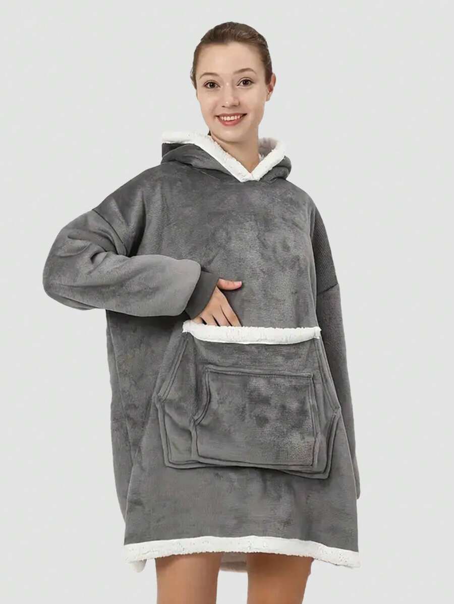 Wearable Hooded Blanket, Extra Large Sherpa Hoodie, Warm Fluffy Blanket For Autumn/Winter, Hooded With Pockets, Soft & Comfortable For Men & Women, Ideal Christmas Gift, Homewear, Flannel Hoodie With Dual Pockets, Warm Sleepwear For Home & Office - Grey - View 1