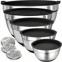13-Piece Stainless Steel Mixing Bowls Set With Lids And Graters - Anti-Slip, Nesting Kitchen Bowl Set For Cooking, Baking, And Storage - Metal, Rust Resistant With Silicone Bottoms, Perfect For Holidays And Everyday Use - 1.5QT/2QT/2.5QT/3.5QT/4QT - 8PCS Mixing Bowl Set (Black) - View 1