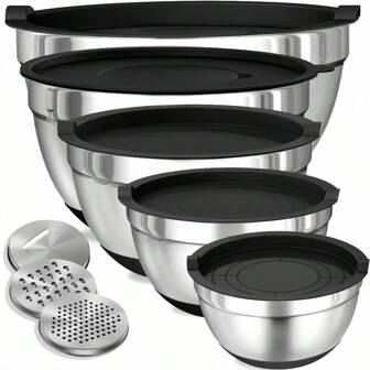 13-Piece Stainless Steel Mixing Bowls Set With Lids And Graters - Anti-Slip, Nesting Kitchen Bowl Set For Cooking, Baking, And Storage - Metal, Rust Resistant With Silicone Bottoms, Perfect For Holidays And Everyday Use - 1.5QT/2QT/2.5QT/3.5QT/4QT