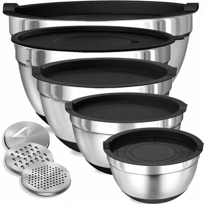 13-Piece Stainless Steel Mixing Bowls Set With Lids And Graters - Anti-Slip, Nesting Kitchen Bowl Set For Cooking, Baking, And Storage - Metal, Rust Resistant With Silicone Bottoms, Perfect For Holidays And Everyday Use - 1.5QT/2QT/2.5QT/3.5QT/4QT