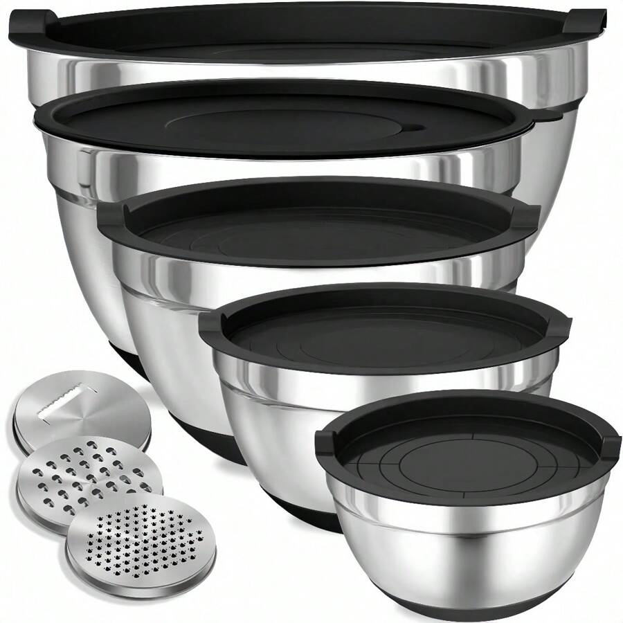 13-Piece Stainless Steel Mixing Bowls Set With Lids And Graters - Anti-Slip, Nesting Kitchen Bowl Set For Cooking, Baking, And Storage - Metal, Rust Resistant With Silicone Bottoms, Perfect For Holidays And Everyday Use - 1.5QT/2QT/2.5QT/3.5QT/4QT - 8PCS Mixing Bowl Set (Black) - View 1